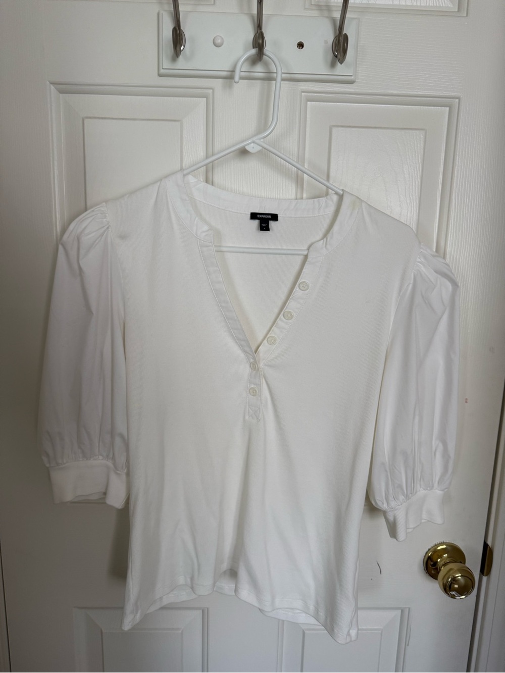 Express White Puff-Sleeve Henley Top